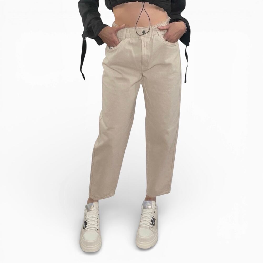 H&M Neutral Beige High Rise Barrel Leg Jeans Sz 8